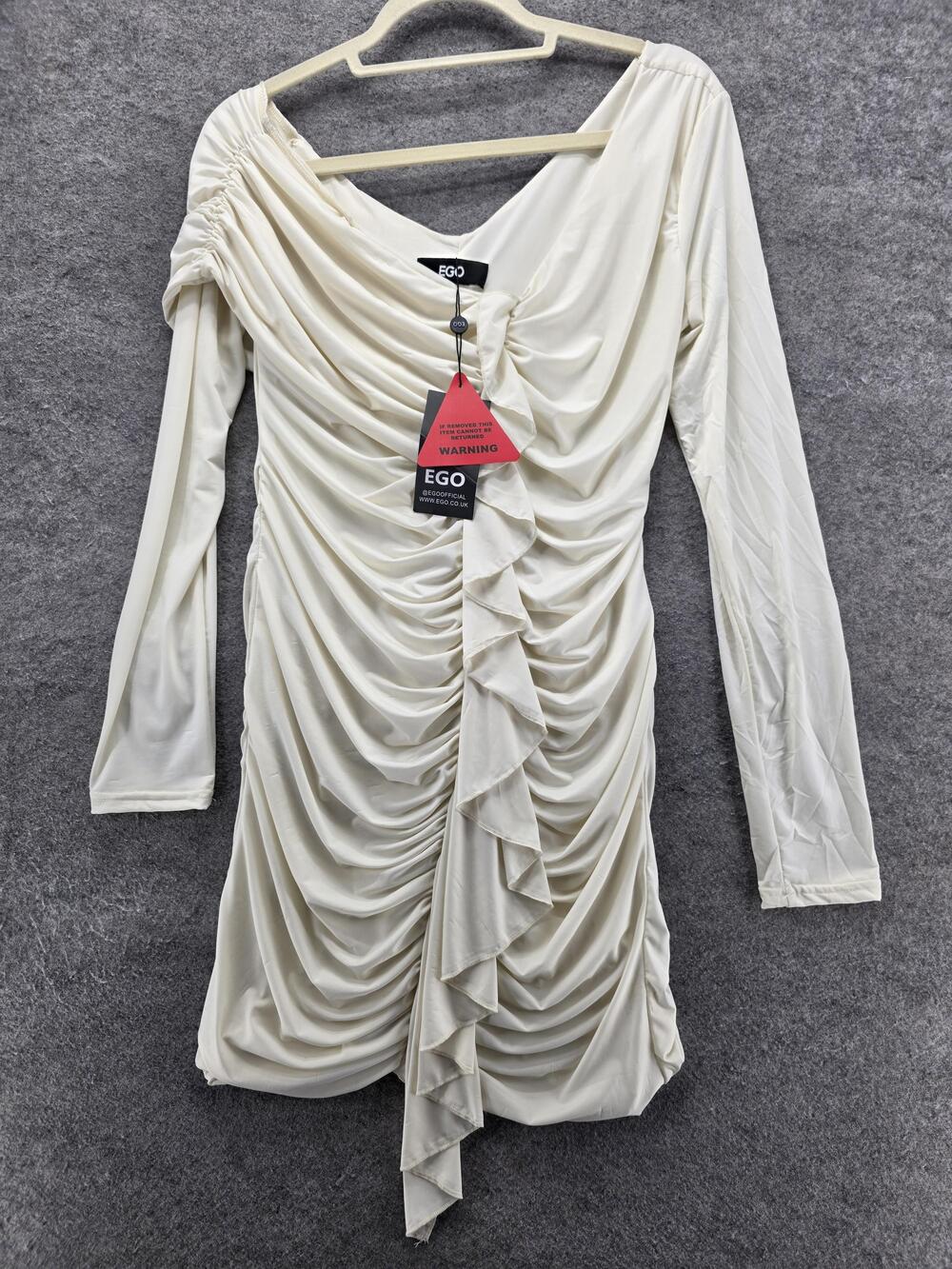 EGO Dress Womens 14 Ivory Ruched Off Shoulder Ruffle Bodycon Mini Long Sleeve